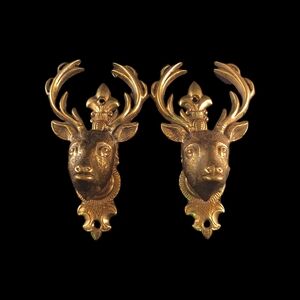 🦌⚔️ Vtg. Brass Deer Buck Head Wall Mount Hooks Spring Load